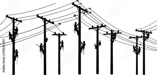 Silhouettes of linemen working on utility poles with power lines lineman electricity