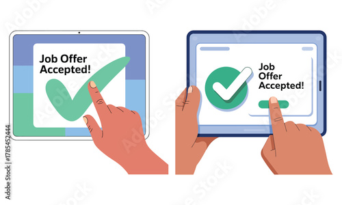 Digital job offer accepted on tablet screen, symbolizing career success & beginning.