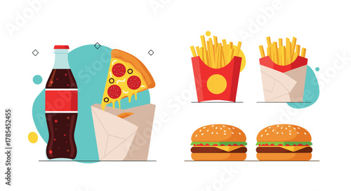 Vibrant illustration showcasing a variety of popular fast food items like pizza, hamburgers, french fries, and a soda drink on white.
