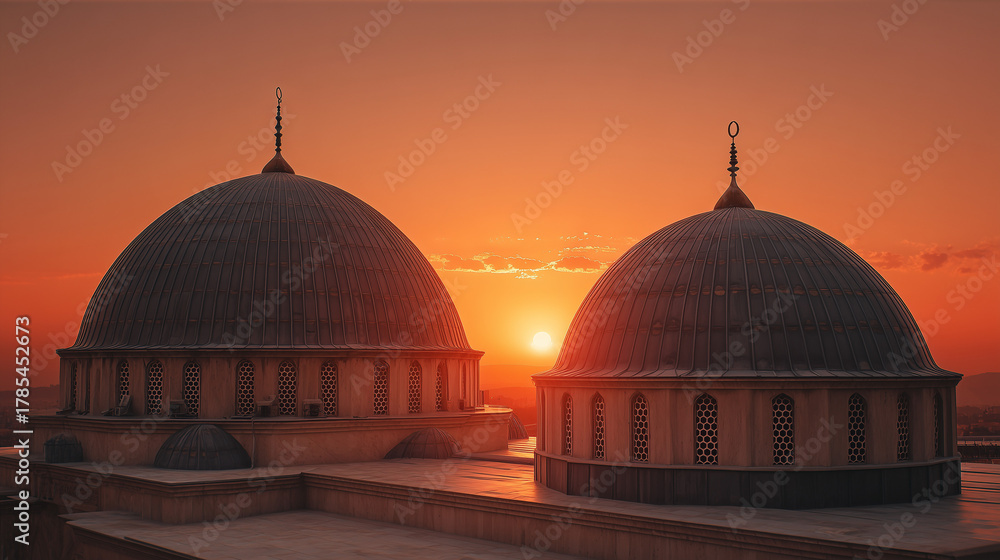 Fototapeta premium Grand mosque domes at golden sunset