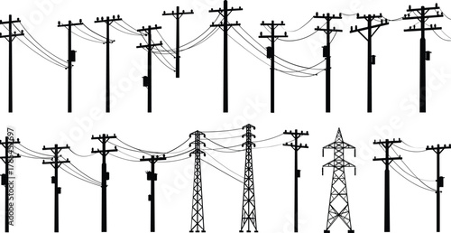 Silhouettes of power poles and transmission towers with wires electricity overhead lines