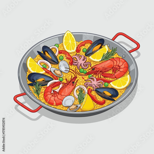 Delicious traditional Spanish seafood paella served in a large pan with fresh ingredients.