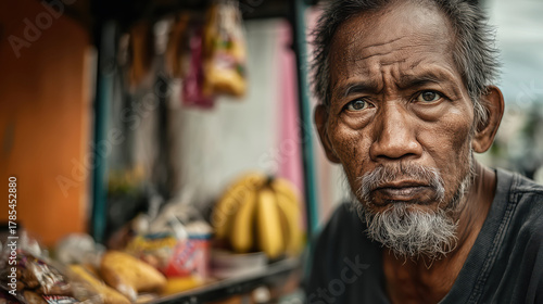 Fototapeta Naklejka Na Ścianę i Meble -  Portrait of an elderly Filipino man sitting beside his street cart with fruit and snacks, showing wisdom, dignity, and strength in everyday urban life, perseverance concept
