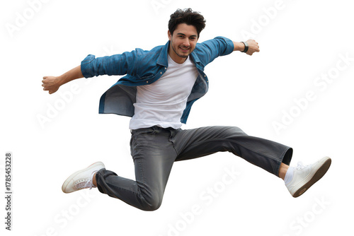 Young man jumping in the air isolated on transparent background