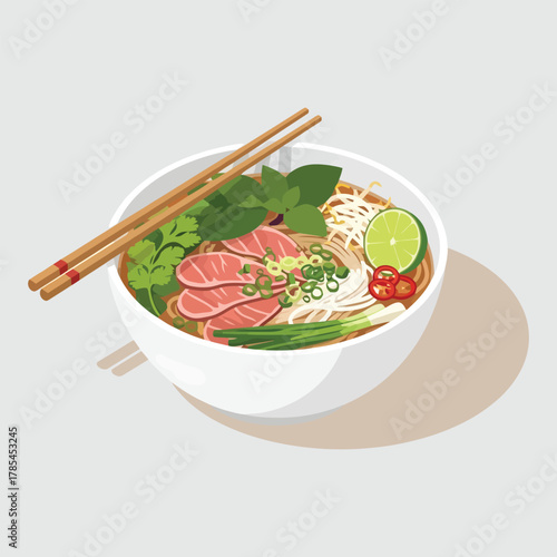 Delicious Vietnamese Pho Noodle Soup with Fresh Ingredients and Chopsticks.