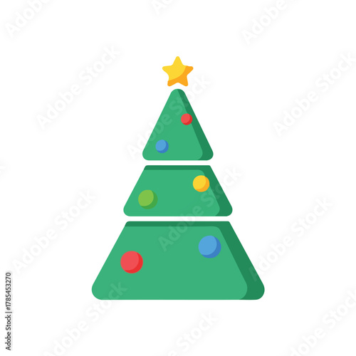 A cheerful cartoon Christmas tree adorned with colorful baubles and a bright star on top, perfect for festive holiday designs