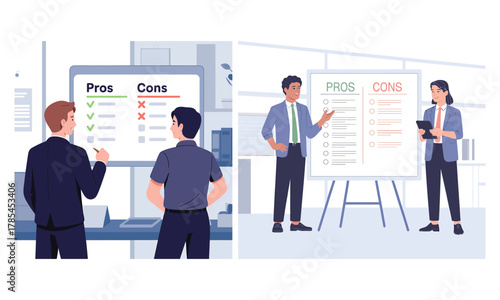 Business team evaluating pros and cons, making strategic decisions effectively