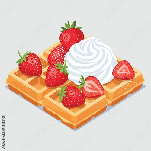 Delicious Waffle with Fresh Strawberries and Whipped Cream Topping.