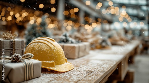 Warm bokeh lights and a joyous atmosphere create a festive new year construction scenario with a yellow hard helmet next to holiday decorations and wrapped present boxes on a snowy office table.