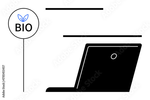 Round bio badge with leaf accents next to a minimalist laptop silhouette. Ideal for sustainability, eco-conscious tech, green innovation, modern biology, digital ethics, environmental awareness