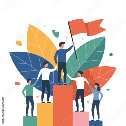 Leadership and Teamwork Concept Vector Illustration,Business Leadership Flat Design Vector,Motivational Team Success Illustration,Corporate Leadership and Team Spirit Vector,Group of People.