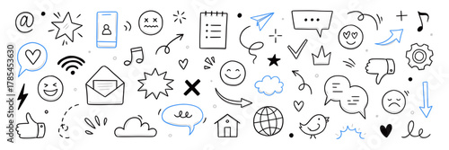 Emoji internet sketch icon set. Internet conversation, media outline tech emoji, star, arrow shape. Hand drawn sketch chat emoticon reaction, digital cloud, smile face elements. Vector illustration