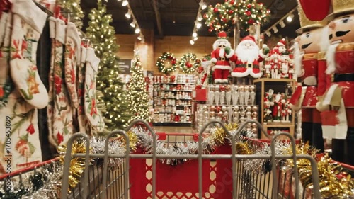 red shopping cart in supermarket at night with city lights at Christmas even