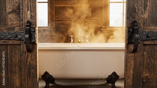 Rustic old wooden barn doors and bath interior