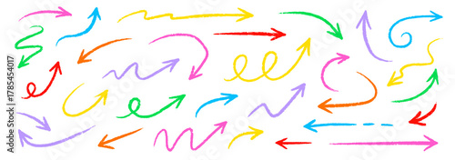 Arrow crayon pastel pencil chalk color line stroke. Sketch chalk pastel color pencil texture line kid fun arrow icon. Hand drawn grunge crayon pencil brush direction elements. Vector illustration