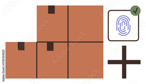 Stacked shipping boxes next to authenticated fingerprint and plus sign in minimal style. Ideal for logistics, delivery, security, inventory, supply chain, authentication, and digital tracking. Simple