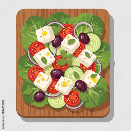 Fresh vibrant Greek salad with feta cheese and olives.