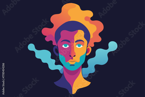 Colorful abstract portrait of a man with flowing hair silhouette isolated on white background