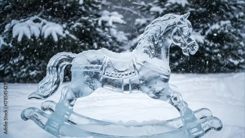 ice carved rocking horse on snowy ground