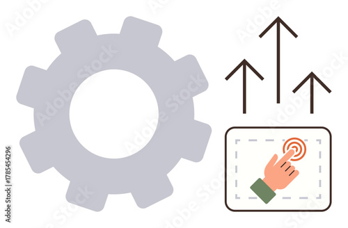 Gear and interactive hand touchpad with upward arrows signify process improvement, progress, growth, optimization, strategy, innovation, and technology. Ideal for business, development teamwork