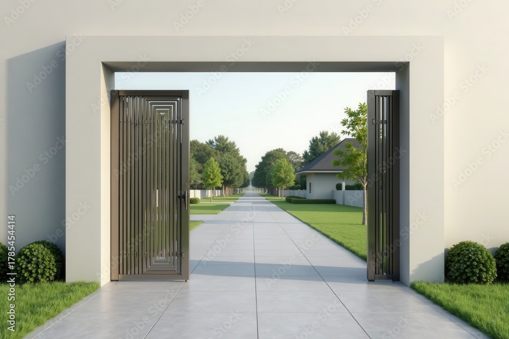 Obraz premium Modern Architectural Entrance Open Bi-Fold Gate Leading to Serene Residential Driveway Pathway