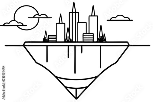 Abstract cityscape silhouette with upside down reflection isolated on white background