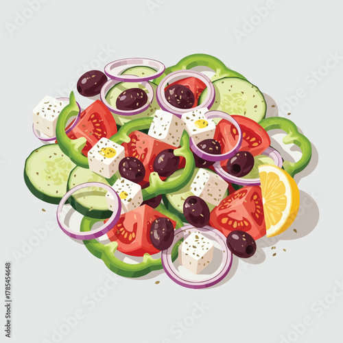 Greek Salad with Feta Cheese Olives Tomatoes Cucumbers and Red Onion.