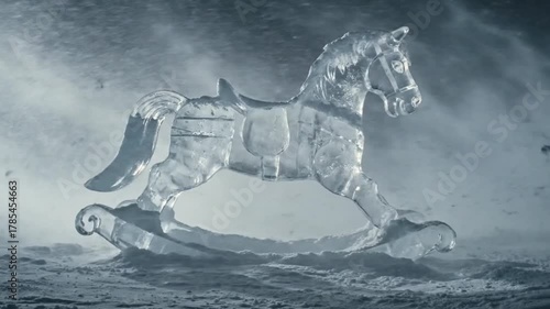 ice carved rocking horse on snowy ground