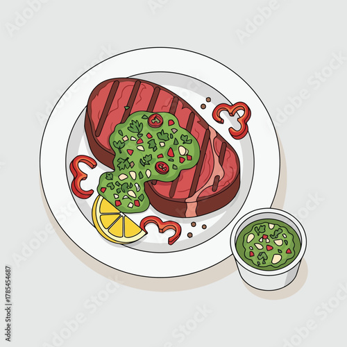 Grilled beef steak with chimichurri sauce and lemon illustration.
