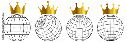 Set Y2K planet wire ball and crown king vector for late 90s, early 2000s, and cyber aesthetics. A collection of futuristic, low-poly globe elements