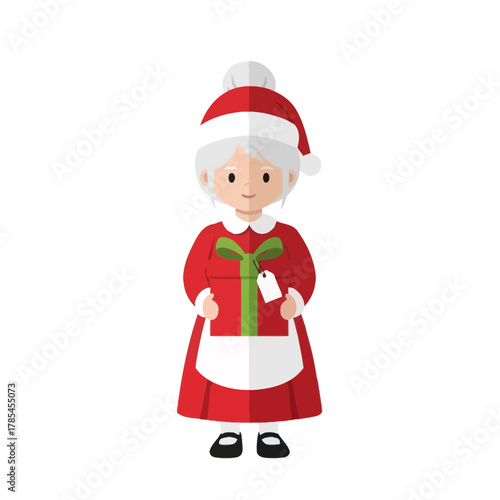 Whimsical flat design illustration of Mrs. Claus, the iconic festive matriarch, dressed in her classic red and white attire, ready to spread joy and holiday spirit