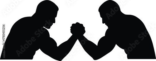Two black silhouette men arm wrestling on white background strength competition