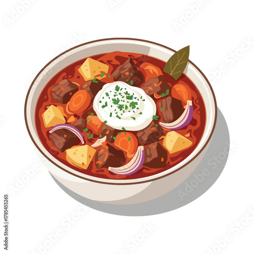 Hearty Beef Stew with Potatoes and Onions Topped with Sour Cream.