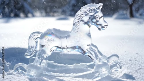 ice carved rocking horse on snowy ground