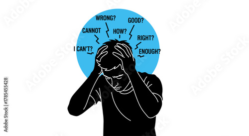 Anxiety stress mental health illustration with negative thoughts concept