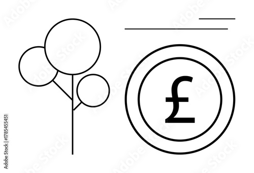 Simple tree beside pound sterling coin conveys balance between environmental sustainability and financial growth. Ideal for finance, nature, investment, eco-business, corporate responsibility, green