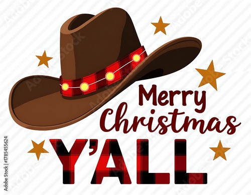 Christmas cowboy hat with plaid and lights; 'merry christmas y'all'