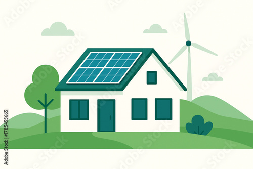 Modern Smart Home with Solar Panels and Wind Turbine – Flat Minimal Eco Vector Illustration