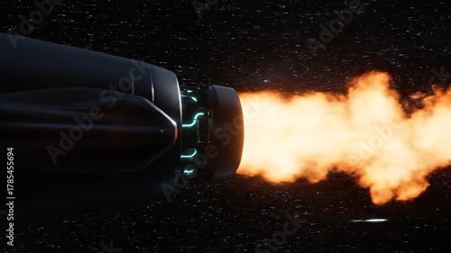 A detailed image of a rocket engine firing, flames erupting in space, against a starry background