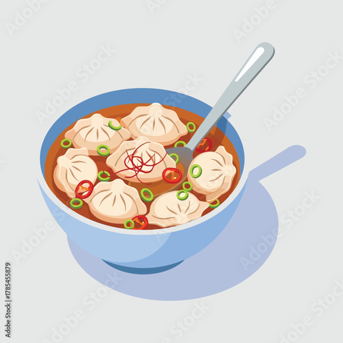 Illustrated bowl of traditional Asian dumplings in spicy broth.