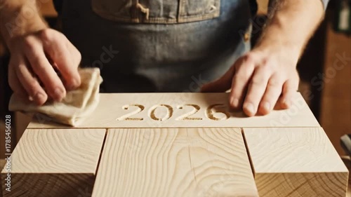 Young carpenter carving woods show letter 2025 and 2026