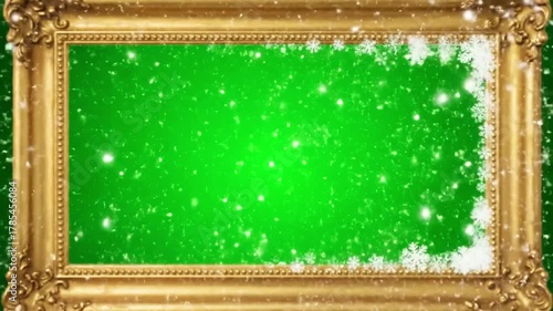 Green Screen gold frame from snowflakes in background animated christmas greeting card scene 2 with distortion, overlay, glitch, static noise, scan lines on black background, 4k video loop