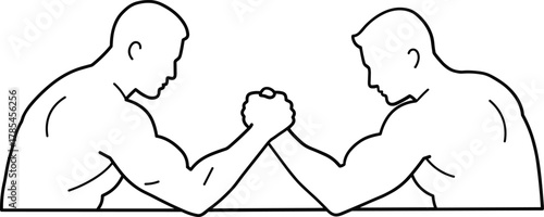 Two men arm wrestling in profile view black and white line art competition strength