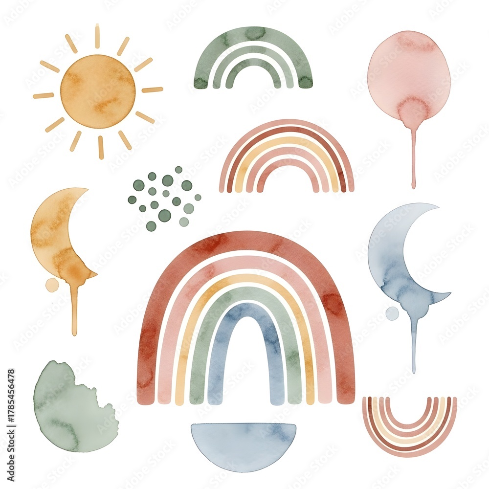 Fototapeta premium Whimsical watercolor celestial elements collection showcasing pastel rainbows, sun, and moon, perfect for enchanting nursery decor and graphic designs