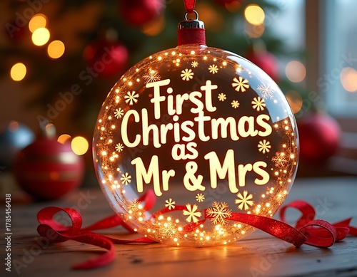 First christmas as mr and mrs: glowing ornament, festive bokeh