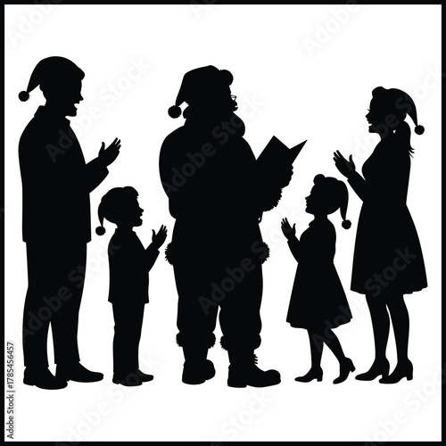 Santa Claus and a family of four standing together and singing Christmas carols