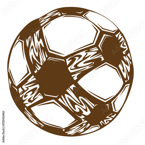 Brown vintage art illustration of a soccer ball in a dynamic design on white background