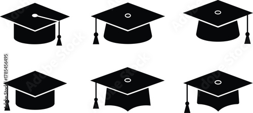 Six black graduation caps with tassels and mortarboards on white background academic education