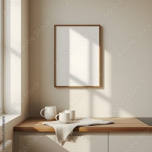 Wallpaper Mural minimalist kitchen wall with empty frame mockup, wooden counter, cozy beige decor, natural materials, warm sunlight atmosphere Torontodigital.ca
