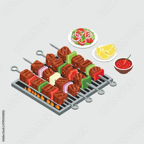 Isometric illustration of grilled meat kebabs on skewers with vegetables.